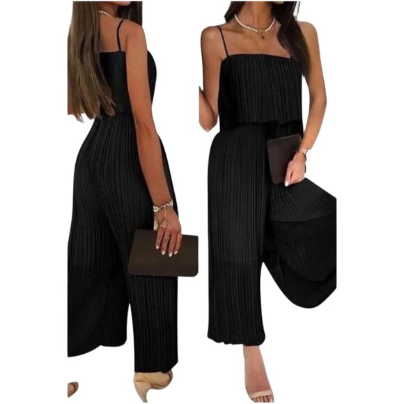 Black Pleated Wide-Leg Jumpsuit With Spaghetti Straps XL - Picture 1 of 8